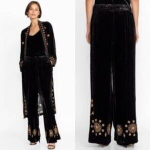 Johnny Was Heidi Embroidered Black Tan Velvet Wide Leg Pants Size XS